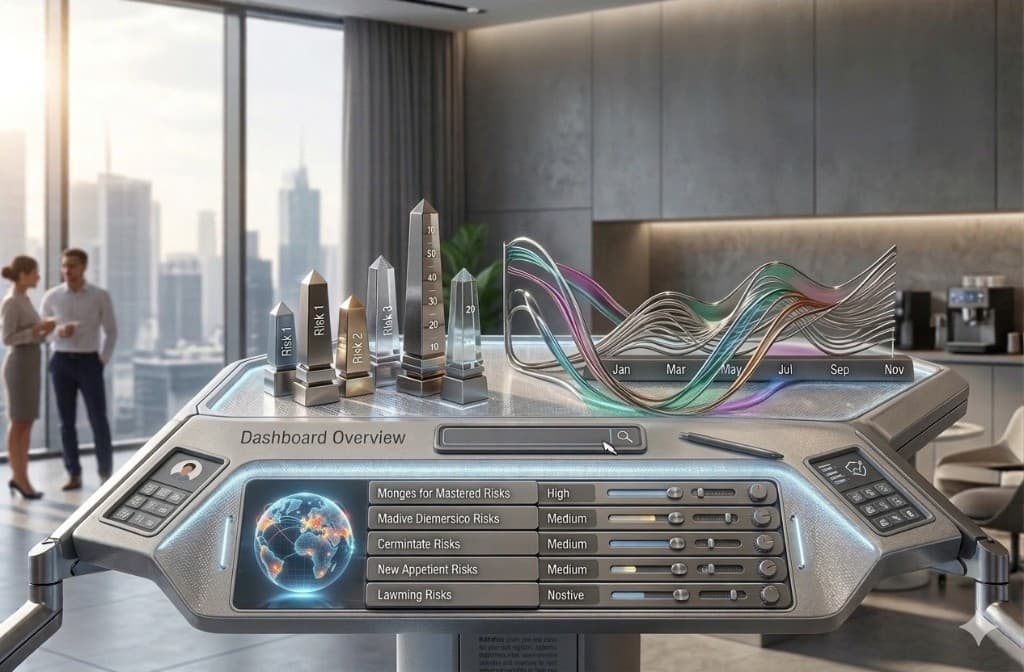Risk management dashboard in a modern office with data visualizations and cityscape view